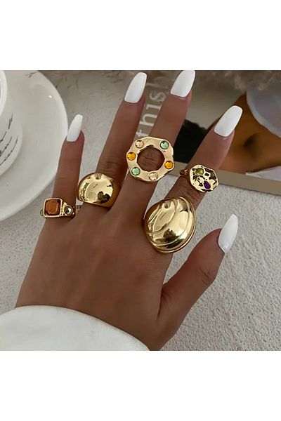 Takıtolia Zenya- Set of 5 Blue Orange Stone Stylish Design Vintage Multiple Gold Gold Bohemian Ring Set