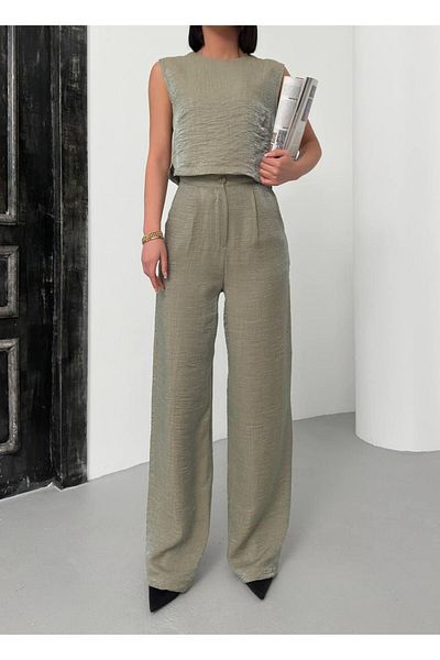 Nisa Luxury Boutique Women's Luxury Imported Fabric Crew Neck Blouse Pants Two Piece Set