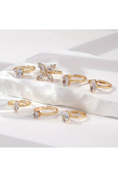 Takıtolia Iris 7-Piece Shiny Stone Stylish Design Multi-Gold Gold Adjustable Butterfly & Teardrop Figured Ring Set
