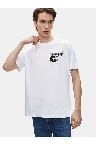 Ltb Tricou alb obișnuit cu mânecă scurtă și decolteu O cu slogan imprimat