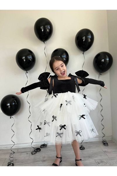 Sare Çocuk Giyim Black White Princess Girl Kid Party Birthday Fluffy Tutu Evening Dress Gown + Buckle + Bow Oversleeve