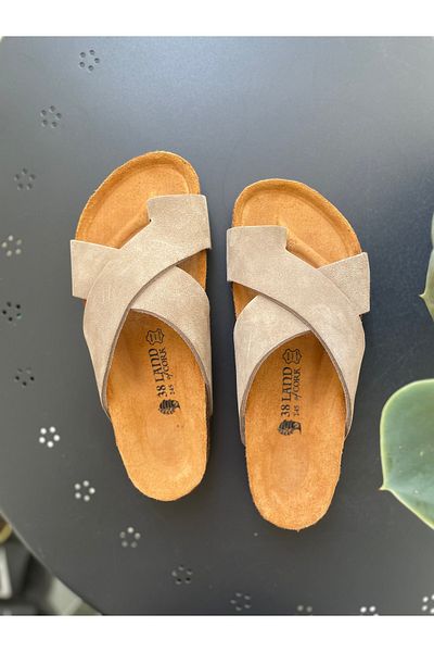 Land of Cork Anatomical Natural Cork Sole Taupe Flip Flops Suede Leather Women's Slippers