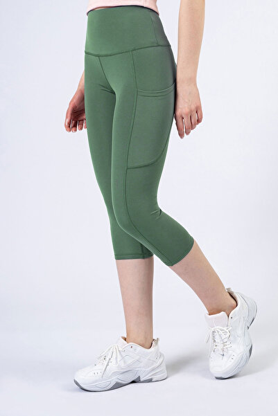The Step Sports Snc Women's Green Pocket High Waist Tightening, Capri Yoga Leggings 19"
