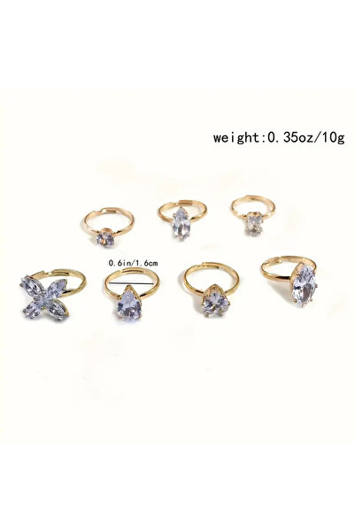 Takıtolia Iris Set of 7 Shiny Stone Stylish Design Multiple Silver Color Adjustable Butterfly & Teardrop Figured Ring Set