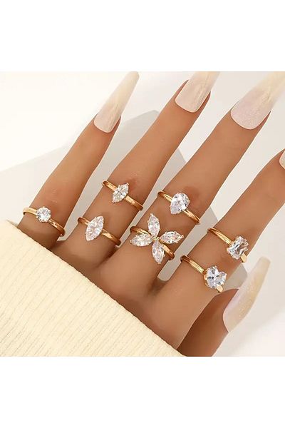 Takıtolia Iris 7-Piece Shiny Stone Stylish Design Multi-Gold Gold Adjustable Butterfly & Teardrop Figured Ring Set