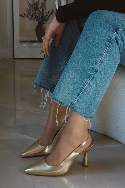 POLKA STORE Spark Metallic Skin Gold Pointed Toe Back Open Stiletto Evening Dress Heeled Women's Shoes