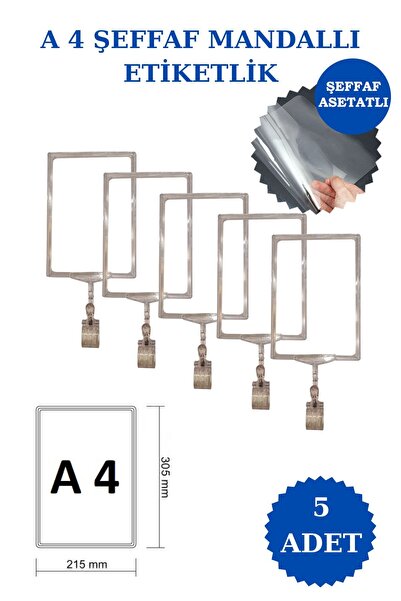 Manken İstanbul 5 Adet Şeffaf A4 Mandallı Fiyat Etiketi Sepet Etiketi Çerçeve...