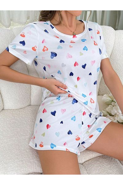 MEYLİYA Short-Sleeved Shorts Suit Women's Pajamas Suit Rainbow Multicolor Heart