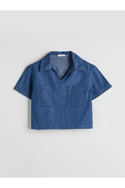 LC Waikiki Natuvera Navy Blue Shirt Collar Crop Jean Blouse