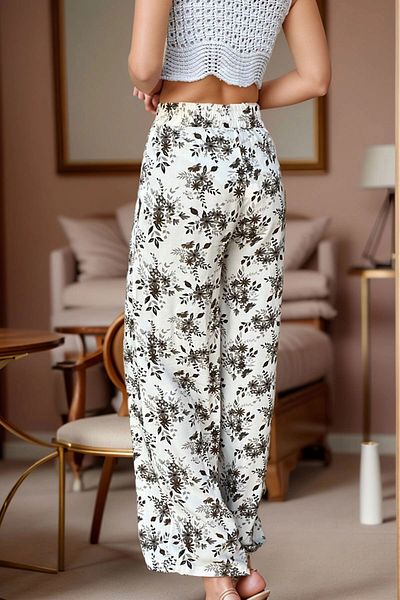 bacc Women's Brown Elastic Waist Pocket Patterned Loose Cut Trousers Bcbsk-25700-3644