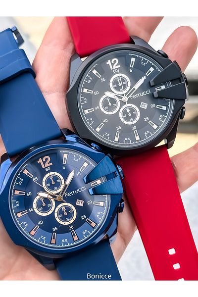 Ferrucci Red Silicone Cord, Large Case (56mm) Sports Model Men's Wrist Watch with Calendar + Bracelet