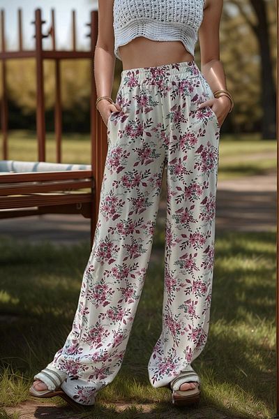 bacc Women's Dusty Rose Elastic Waist Pocket Patterned Loose Cut Trousers Bcbsk-25700-3644
