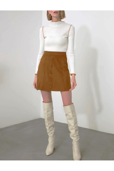 Lumora DÜĞME KAPAMALI SÜET GÖRÜNÜMLÜ CAMEL MİNİ ETEK