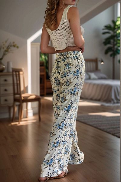 bacc Women's Blue Elastic Waist Pocket Patterned Loose Cut Trousers Bcbsk-25700-3644