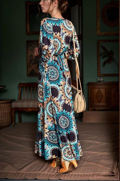 bacc Rochie albastră pentru femei, cu guler dublu, cu mânecă scurtă, lungime maxi Bcbsk-25700-k5222