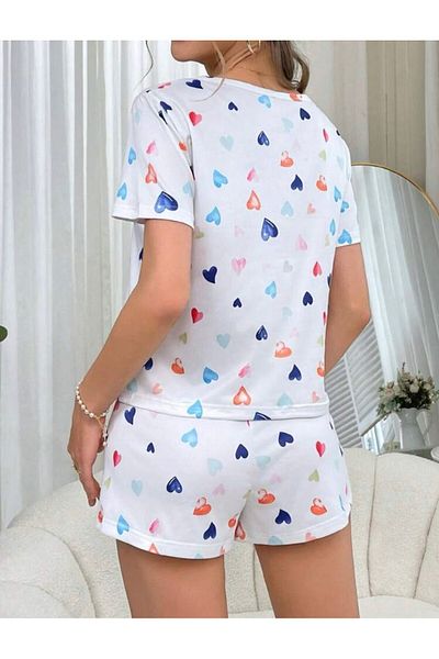 MEYLİYA Short-Sleeved Shorts Suit Women's Pajamas Suit Rainbow Multicolor Heart