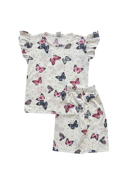 Şekerkids Girl's Cotton White Color Butterfly Patterned Short Sleeve Summer Shorts Pajama Set