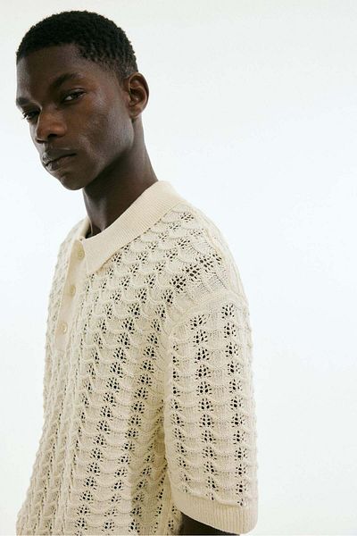 H&M Regular Fit Pointelle-knit Polo Shirt