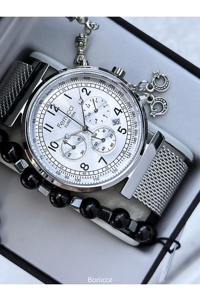 Ferrucci Men's Wristwatch + Bracelet in Stylish Box, Silver Color Mesh Steel Cord, Functional, Calendar