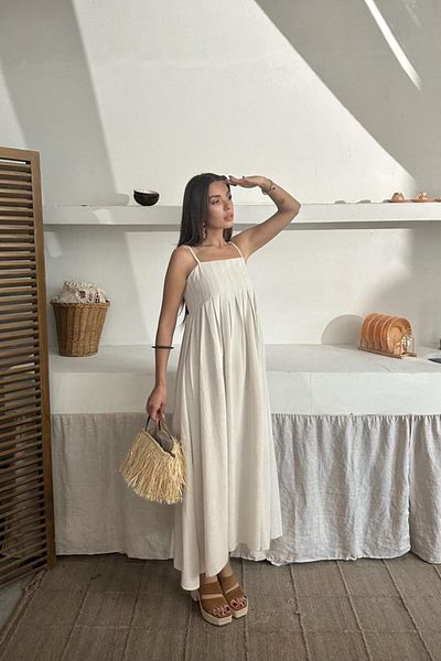 KAZAK Beige Strappy Pleated Linen Dress