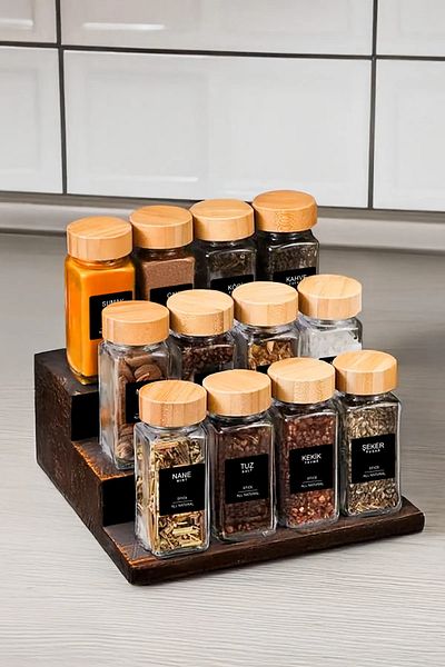 ZURİ DESİGN Set of 12 Square Glass Spice Jars with Bamboo Lids - Set of 12 Spice Jars