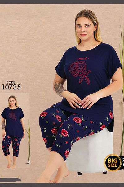 quilling Navy Blue Colored and Floral Patterned 10735 Cotton Big Size Leggings and Capri Maternal Pajamas Set