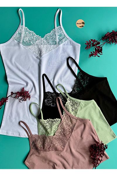 Elosia Carmen Brisa 4-Pack Green, Black, White and Dusty Rose Modal Fabric Lace Rope Strap Women's Undershirt