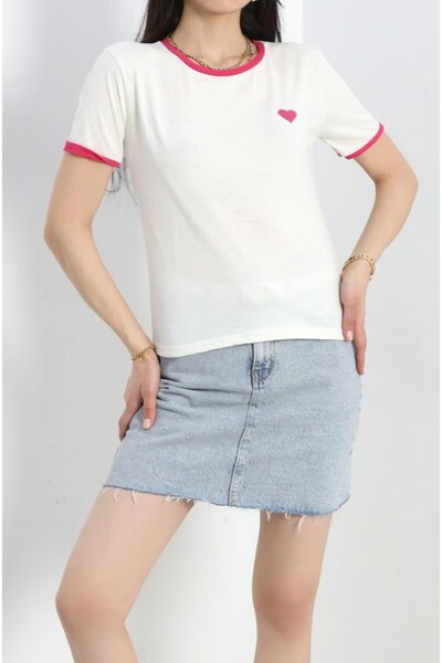Fun Kadın Kolej Beyaz Bordo Tişört Bordo Nakışlı ❤ Kısa Kollu Bisiklet Yaka %100 Pamuklu