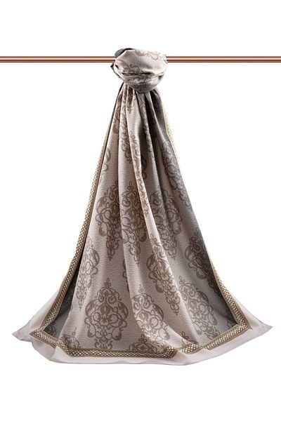 Vissona Luxury Medina Silk Baroque Patterned Cream Colored 75X195 Wrinkle Free Shawl Moss Crepe Stitch Type Italian Stitched