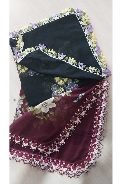 Papatyam Handcrafted 2 Pcs Crochet Embroidered Writing/Crochet Writing/Vintage/Dowry Yemeni/100X100/Cotton