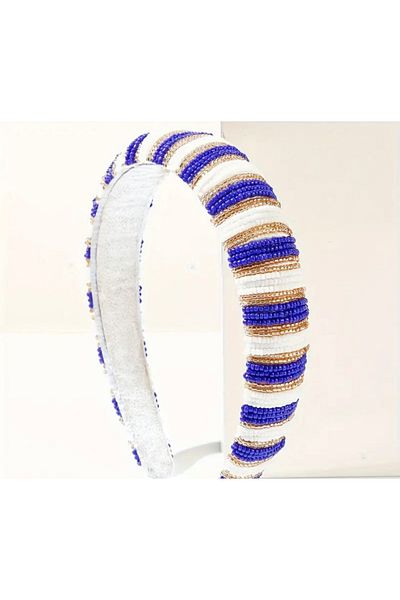 Özlem White, Saxe Blue and Gold Sand Beaded Velvet Crown with Light Bomb