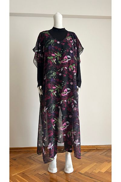 GİZGİYİM Floral Patterned Chiffon Kaftan Pareo Plus Size