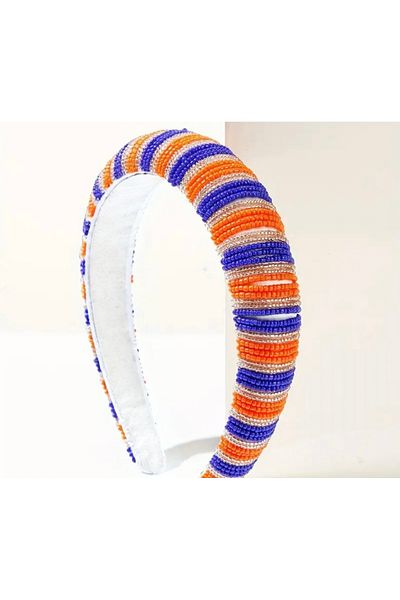 Özlem White Velvet Crown with Orange, Saxe Blue and Silver Sand Beads on a Lightly Curved
