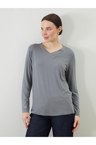 LC Waikiki Langärmlige Damenbluse mit V-Ausschnitt und Steinen