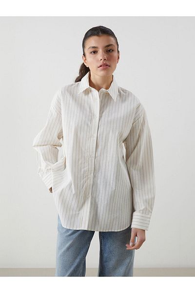 LC Waikiki Striped Oversize Linen Blended Women's Shirt