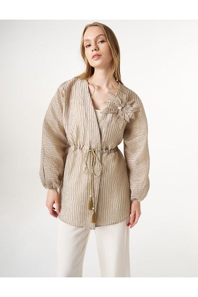 Kayra Floral Appliqued Jacquard Kimono Mold Green
