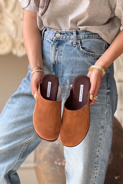 NİŞANTAŞI SHOES Ricci Tan Genuine Suede Flat Sole Women's Slippers
