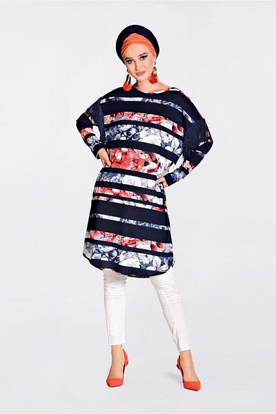 Alvina 4384 Model Tunic with Tassels and Floral Print