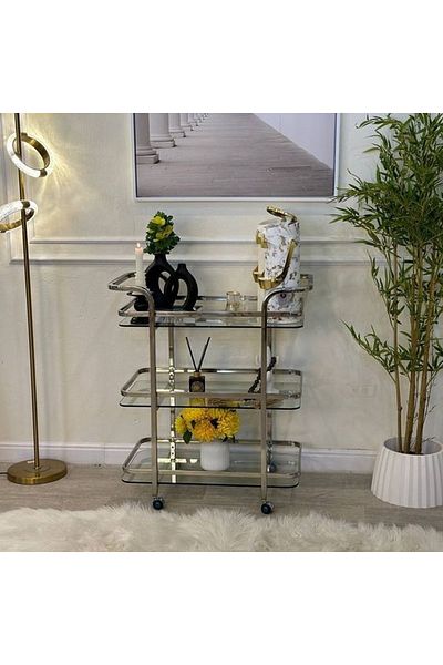 private house 3-Tier Silver Taiwanese Steel Glass Tea Trolley