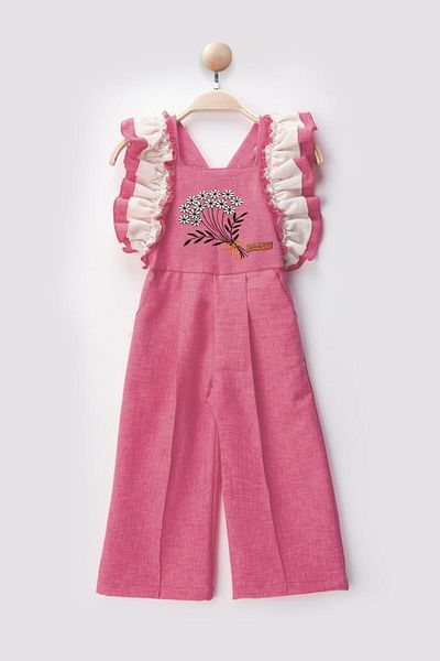 Minigimin Cicileri My Little One's Ciceler Sleeves Ruffle Detailed Flower Embroidery Girl's Jumpsuit Salopet - Pink