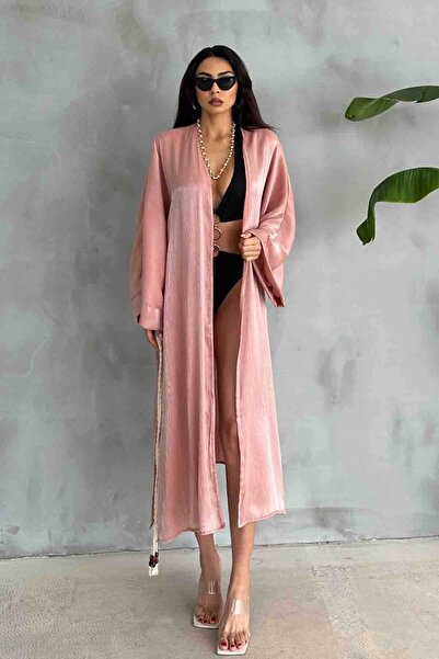 Cappmoda Hrk-19102 Dried Rose Satin Kimono - Rope Belted, Long
