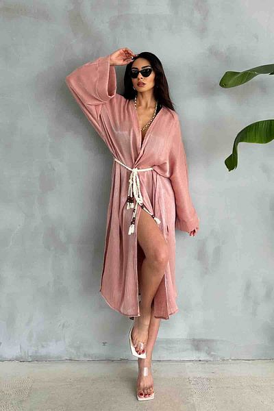 Cappmoda Hrk-19102 Dried Rose Satin Kimono - Rope Belted, Long