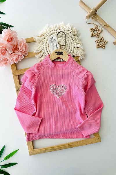 Minigimin Cicileri My Little One's Cicileri Heart Stone Detailed Sleeve Ruffle Detailed Girl's Sweatshirt - Pink