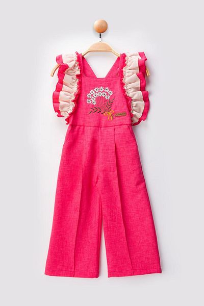 Minigimin Cicileri My Little One's Cicileri Sleeves Ruffle Detailed Flower Embroidery Girl's Jumpsuit Salopet - Fuchsia