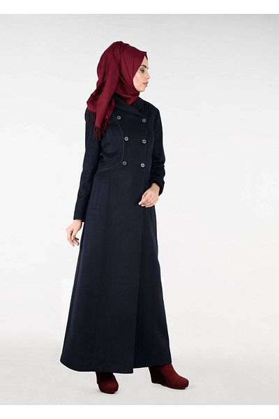 TRENDTESETTÜR Women's Navy Blue Double-Breasted Buttoned Mantel 9491