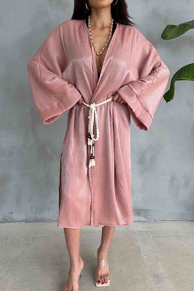 Cappmoda Hrk-19102 Dried Rose Satin Kimono - Rope Belted, Long