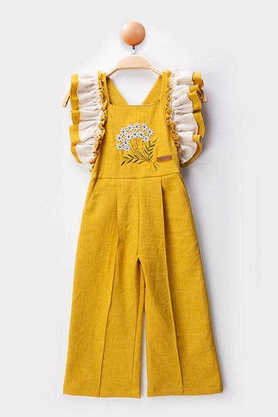 Minigimin Cicileri My Little One's Cicileri Sleeves Ruffle Detailed Flower Embroidery Girl's Jumpsuit Salopet - Mustard