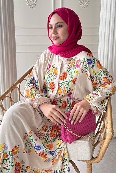 InStyle Karışık Tropikal Desen Bej Viskon Elbise