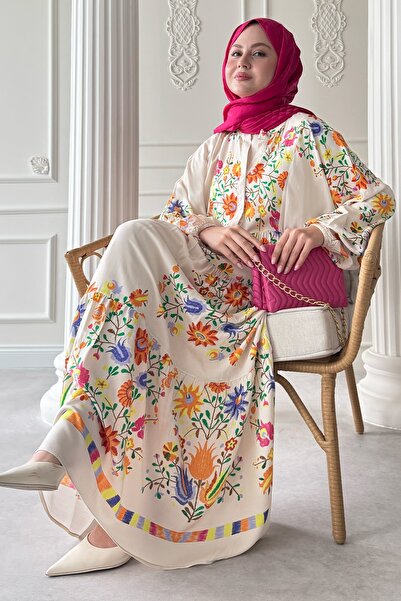 InStyle Karışık Tropikal Desen Bej Viskon Elbise