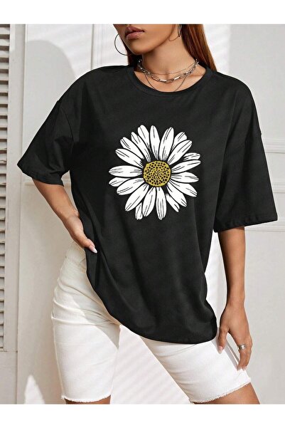 NOFLEN Daisy Printed Black Oversize T-shirt Casual Boyfirend